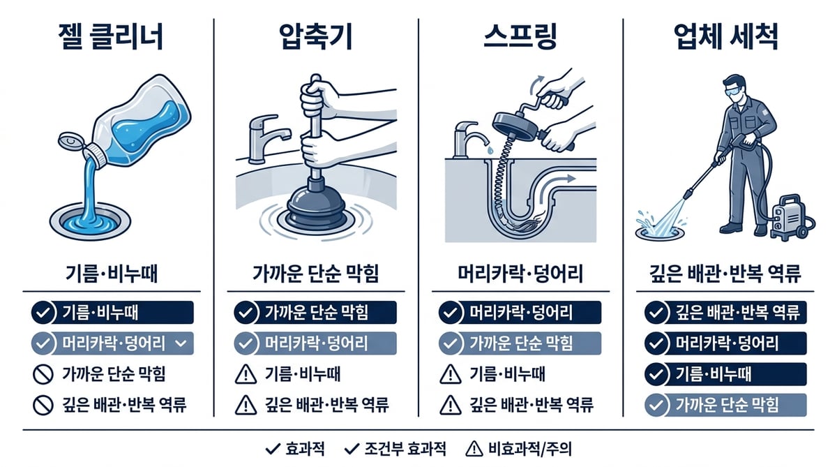 젤 클리너·압축식 뚫어뻥·배관 스프링·업체 고압세척을 막힘 종류별로 비교한 표