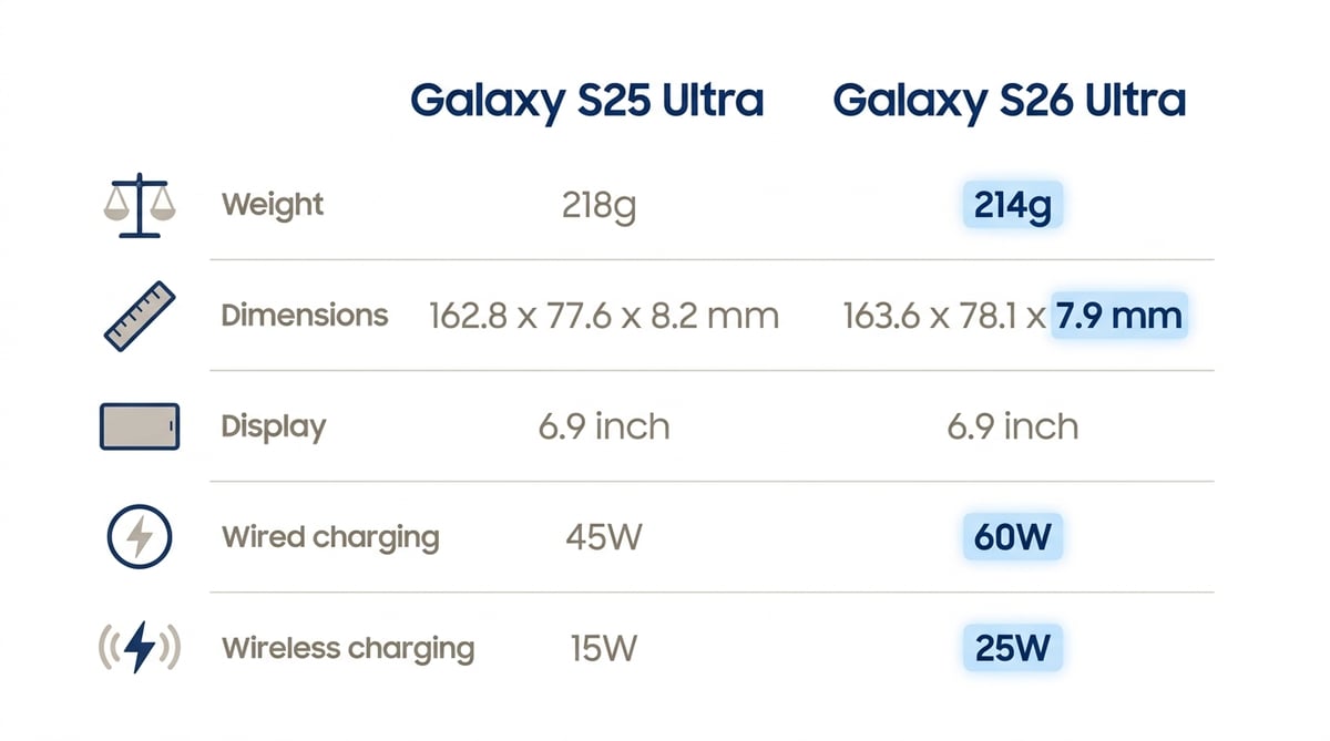 갤럭시 S25 울트라와 S26 울트라 비교 인포그래픽: 무게 218g 대 214g, 크기 162.8x77.6x8.2mm 대 163.6x78.1x7.9mm, 화면 6.9인치 동일, 유선 충전 45W 대 60W, 무선 충전 15W 대 25W
