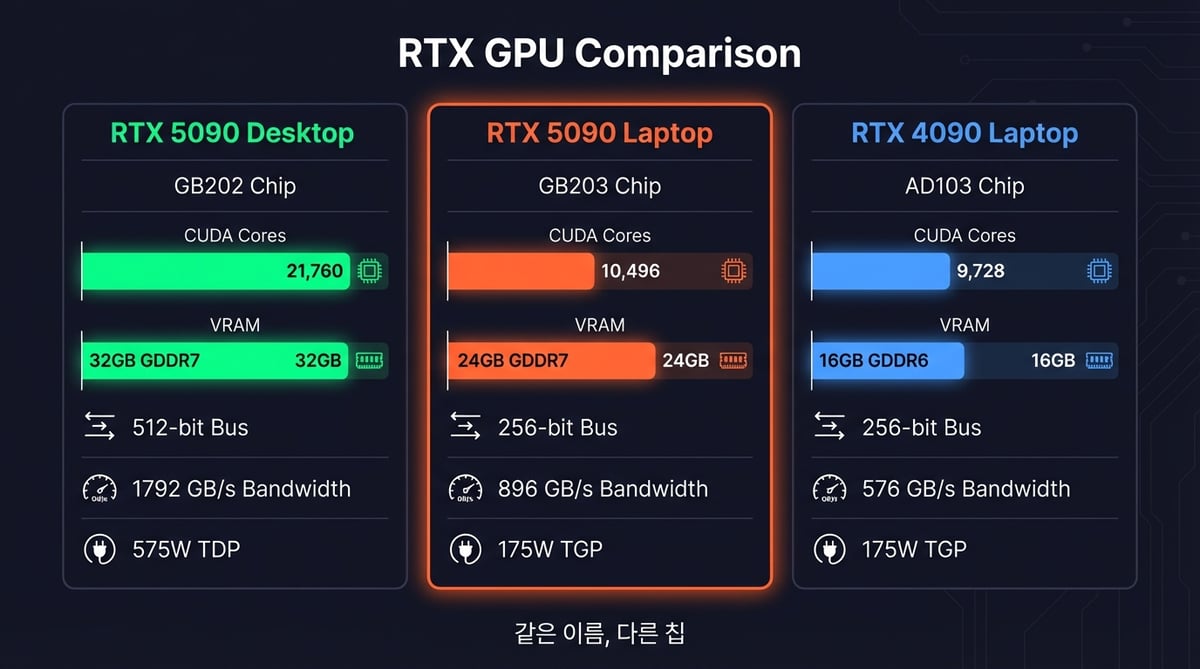 RTX 5090 Desktop vs RTX 5090 Laptop vs RTX 4090 Laptop GPU 스펙 비교 인포그래픽
