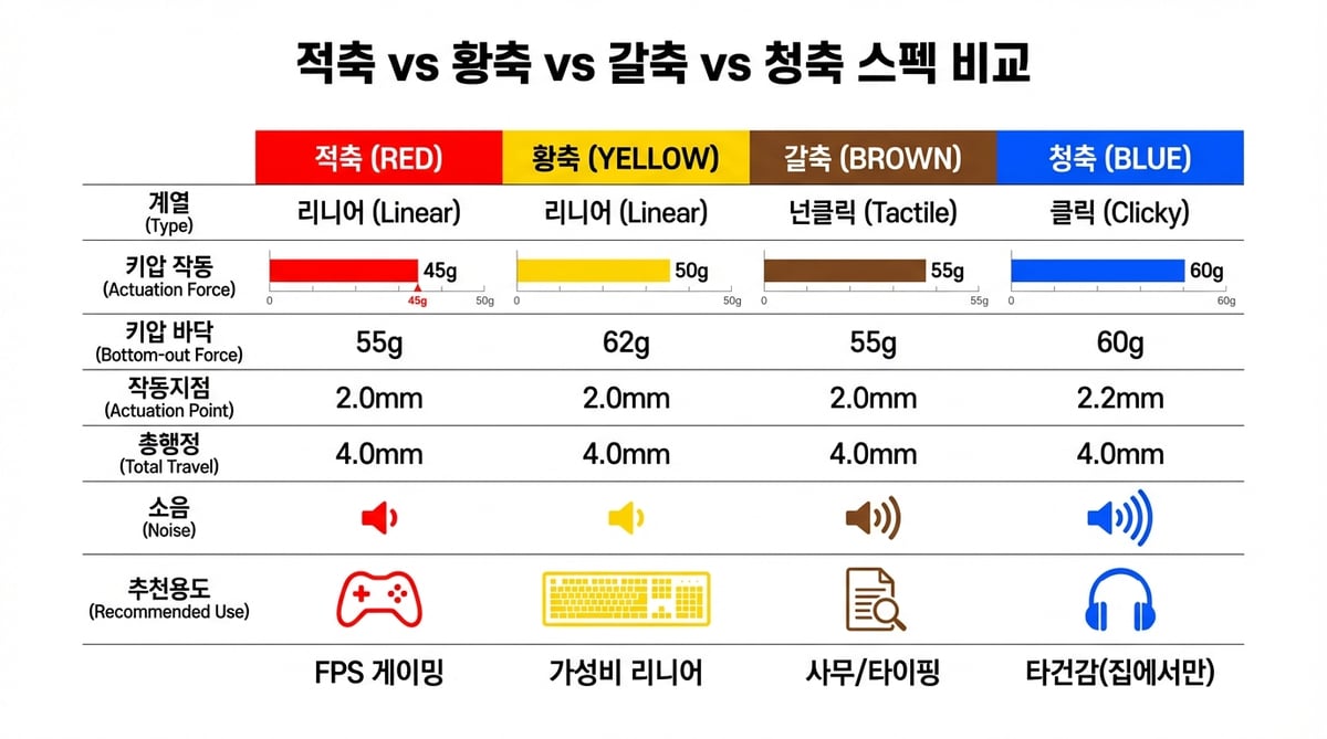 적축 갈축 황축 청축 키압 소음 반응속도 비교 인포그래픽