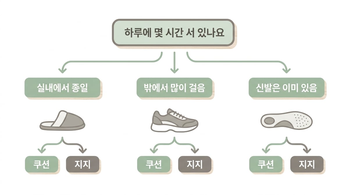 족저근막염 신발 선택 결정 트리 — 실내 종일이면 슬리퍼, 밖에서 많이 걸으면 운동화, 신발이 멀쩡하면 깔창으로 갈라지는 흐름도