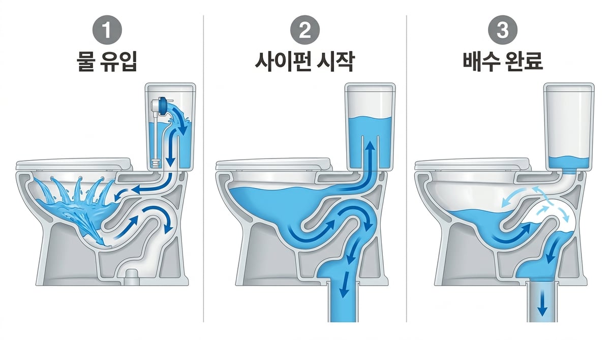 물이 유입되고 사이펀이 시작돼 배수가 끝나는 양변기 작동 원리