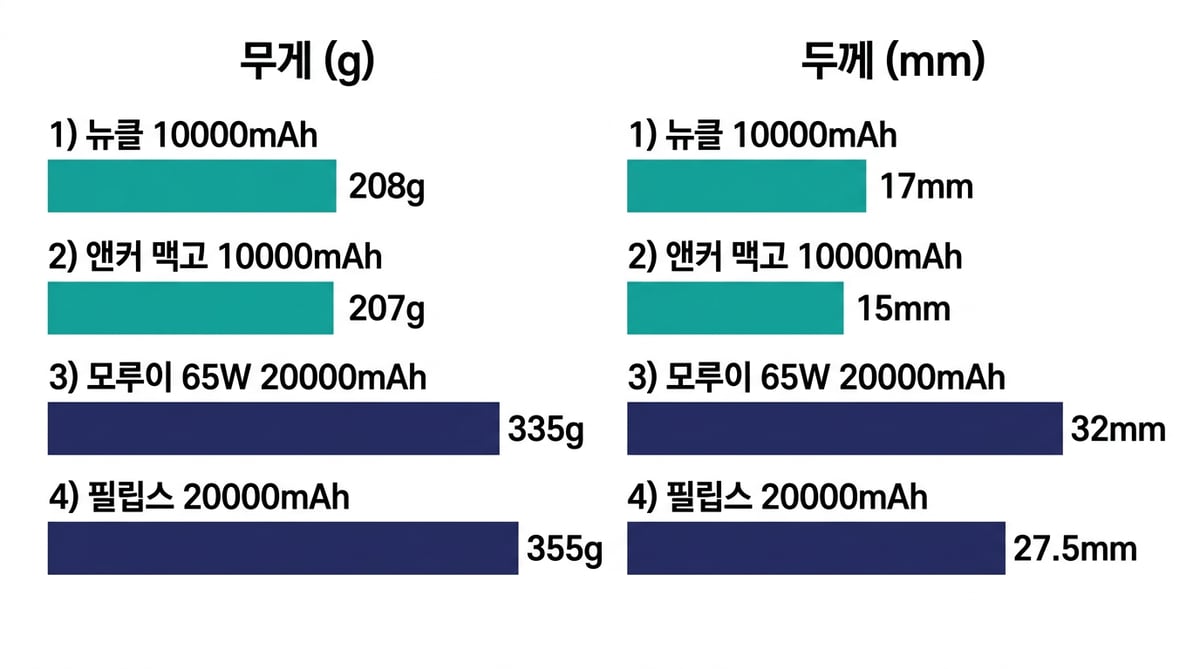 뉴클 10000mAh 208g 17mm, 앤커 맥고 10000mAh 207g 15mm, 모루이 65W 20000mAh 335g 32mm, 필립스 20000mAh 355g 27.5mm 크기 비교