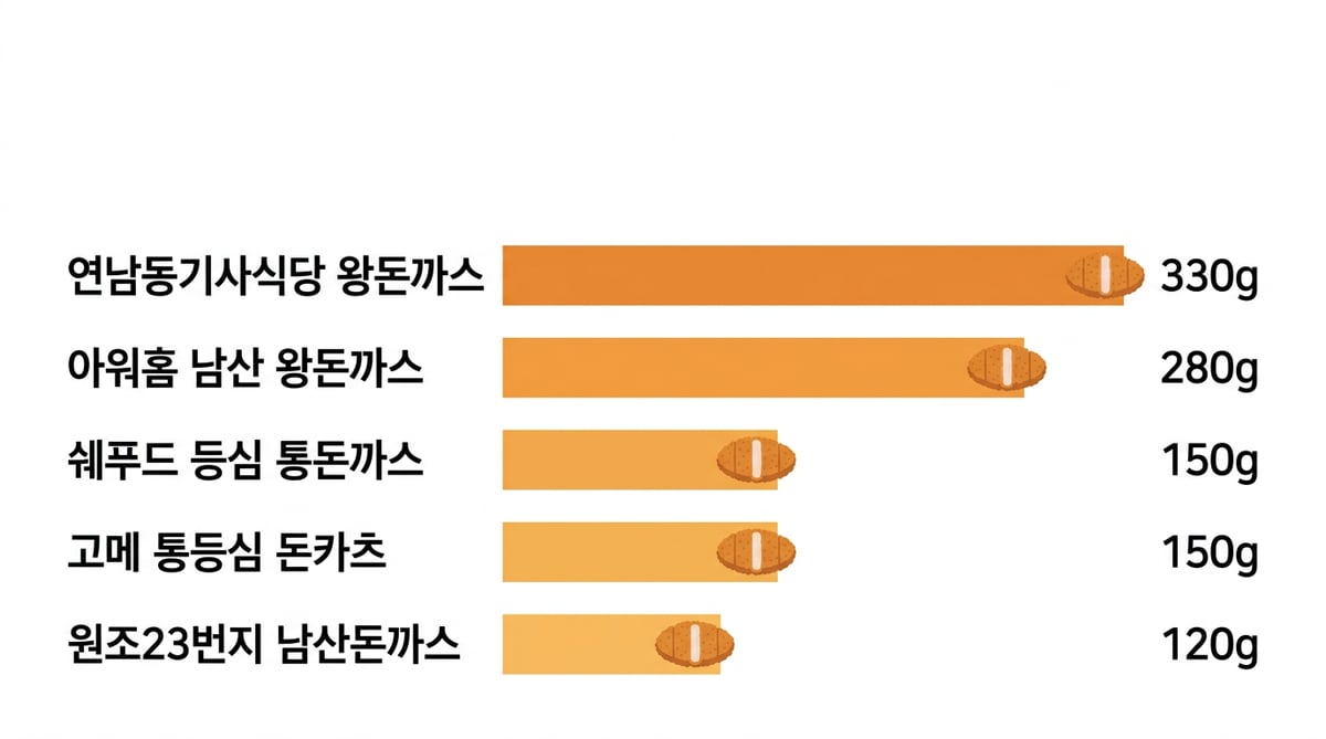 냉동 돈까스 5종의 한 장 무게 비교 막대그래프: 연남동기사식당 왕돈까스 330g, 아워홈 남산 왕돈까스 280g, 쉐푸드 등심 통돈까스 150g, 고메 통등심 돈카츠 150g, 원조23번지 남산돈까스 120g
