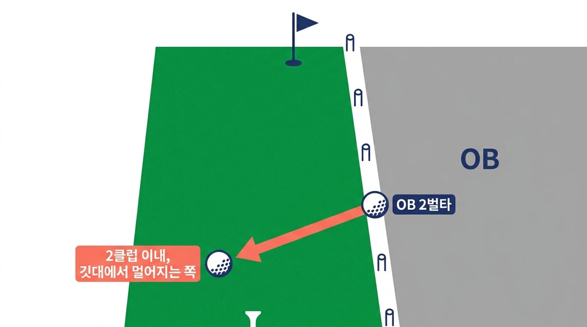 파크골프 OB 처리: 경계 밖으로 나간 공은 2벌타, 나간 지점에서 2클럽 이내 깃대에서 멀어지는 쪽에 놓고 친다