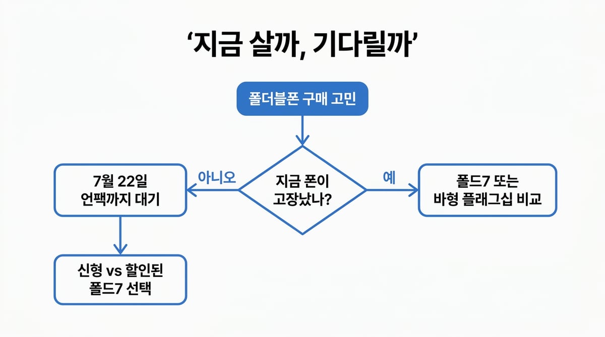 폴더블폰 구매 결정 플로차트 — 지금 폰이 고장났다면 폴드7 또는 바형 플래그십 비교, 아니라면 7월 22일 언팩까지 대기 후 신형과 할인된 폴드7 중 선택