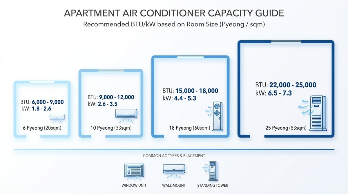 아파트 평수별 에어컨 냉방 용량 가이드 인포그래픽 — 6평부터 25평까지 kW 기준