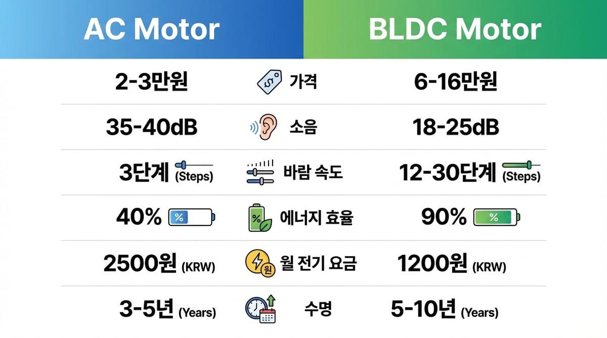 AC모터 vs BLDC모터 서큘레이터 비교 인포그래픽. 가격, 소음, 풍량 단계, 에너지 효율, 월 전기세, 수명 항목 비교