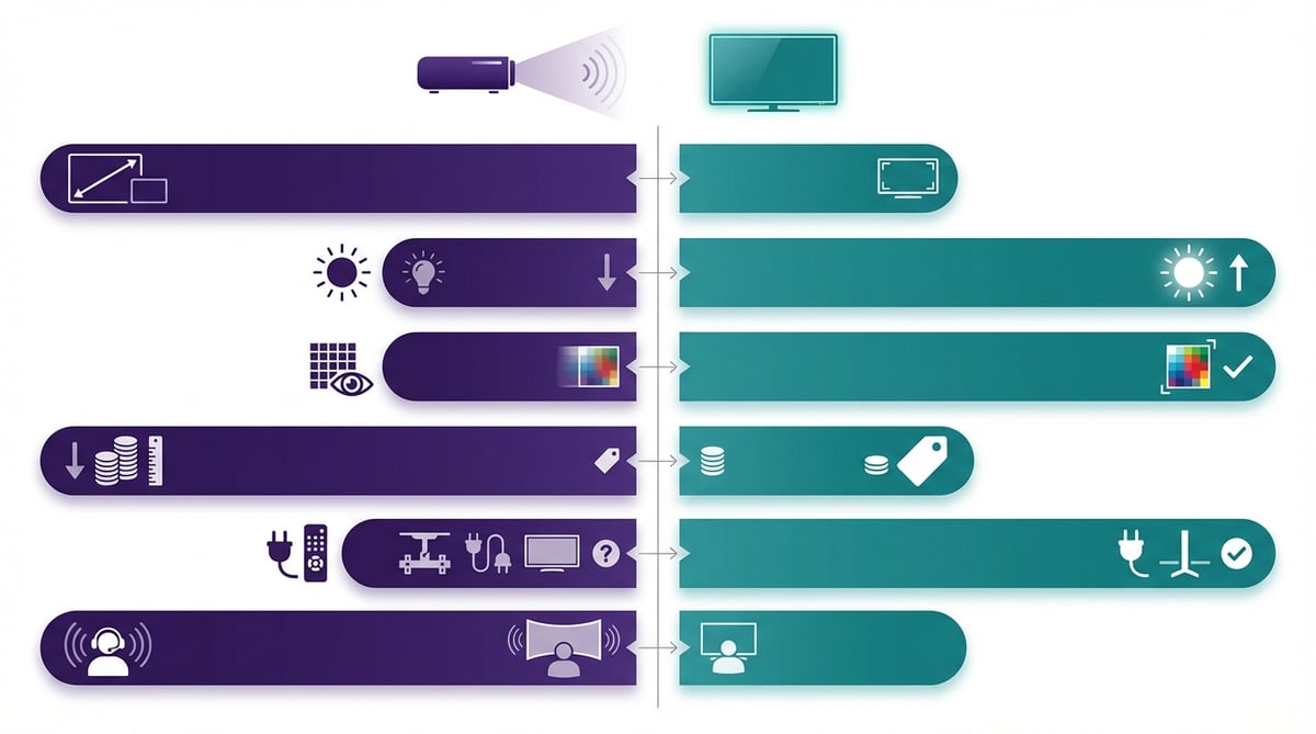 빔프로젝터와 TV의 화면 크기, 밝기, 화질, 인치당 가격, 설치, 몰입감을 비교하는 인포그래픽