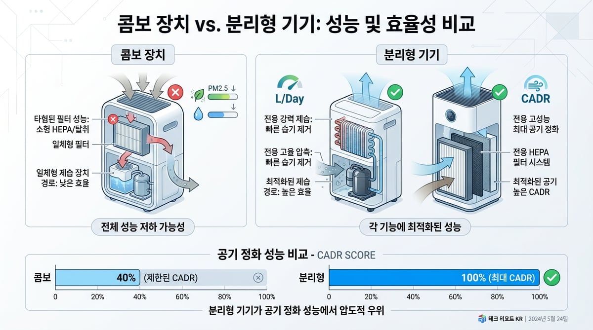 겸용 제습공기청정기와 개별 제품의 필터 구조 및 CADR 성능을 비교한 인포그래픽