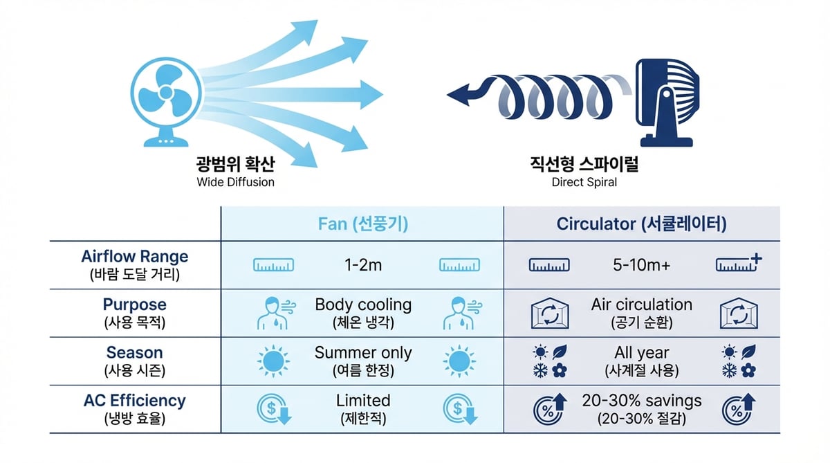 선풍기 vs 서큘레이터 비교 인포그래픽. 기류 방식, 도달 거리, 사계절 활용도, 에어컨 효율 항목별 차이를 시각화
