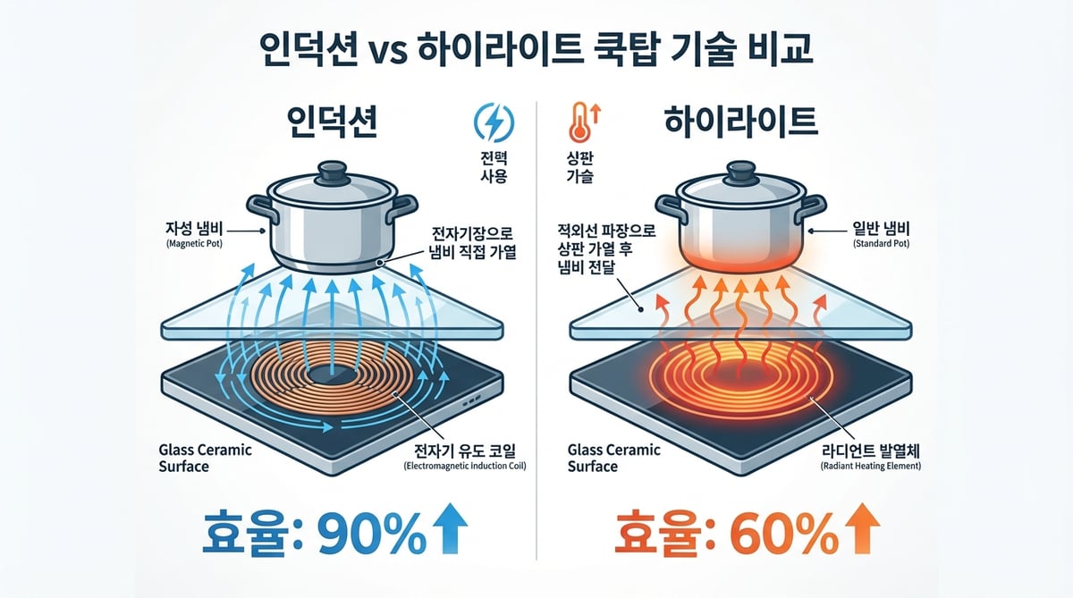 인덕션과 하이라이트의 작동 원리 비교 인포그래픽 — 전자기장 방식과 적외선 복사열 방식의 구조 차이를 도식으로 설명