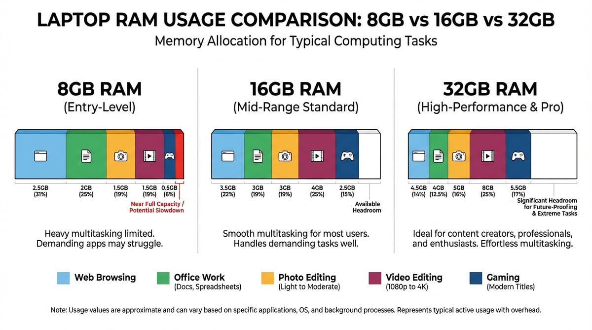 노트북 RAM 8GB, 16GB, 32GB 용량별 메모리 사용량을 색상 코드 막대그래프로 비교하는 인포그래픽