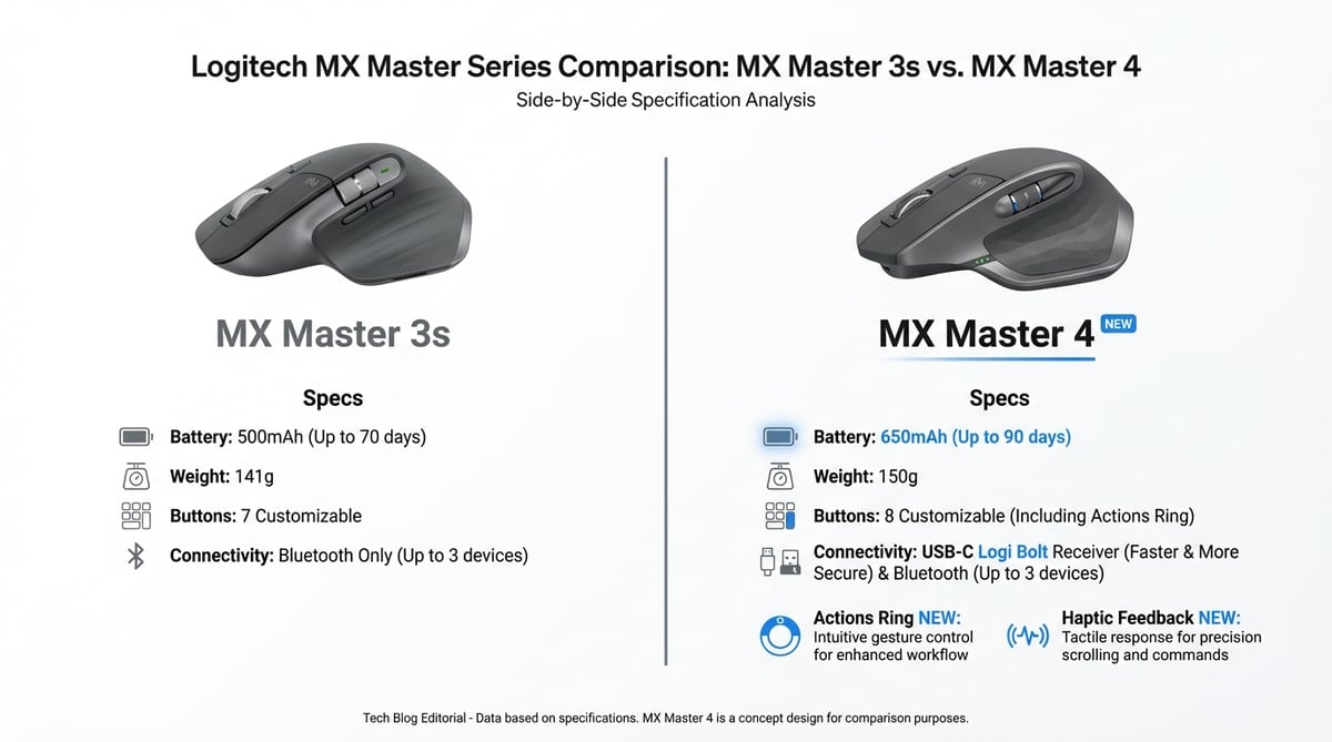 MX Master 3s와 MX Master 4의 주요 스펙을 시각적으로 비교한 인포그래픽