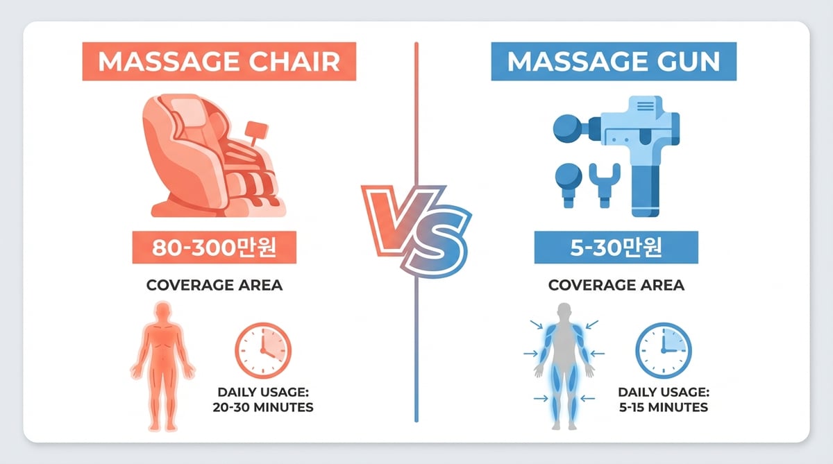 안마의자와 마사지건의 가격, 적용 부위, 사용 시간을 비교하는 인포그래픽