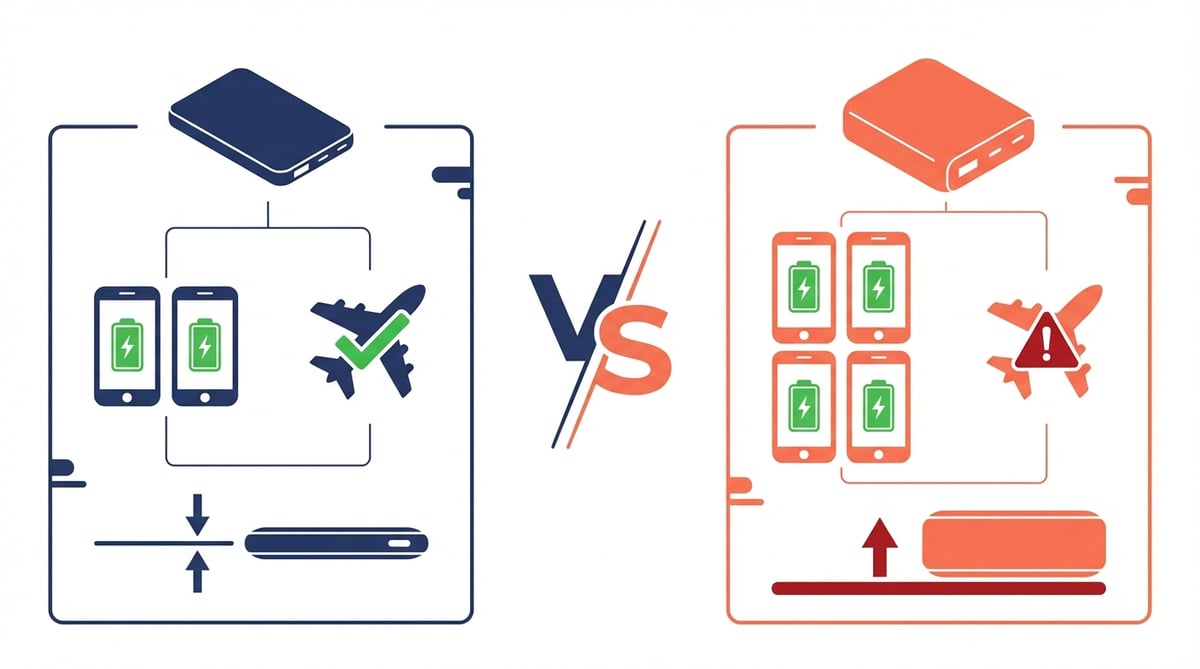 10000mAh와 20000mAh 보조배터리의 충전 횟수, 기내 반입, 두께를 비교하는 인포그래픽