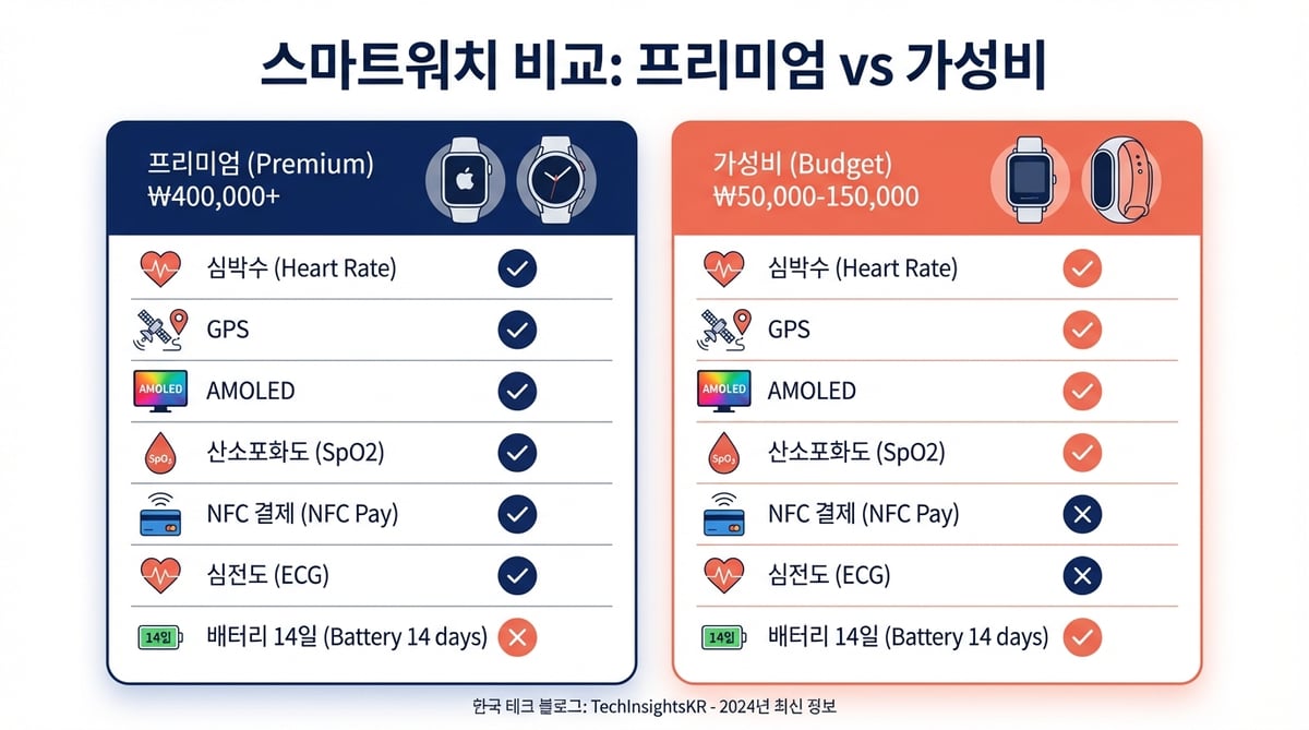 프리미엄(40만원 이상)과 가성비(5~15만원) 스마트워치의 기능별 지원 여부를 체크마크로 비교하는 인포그래픽