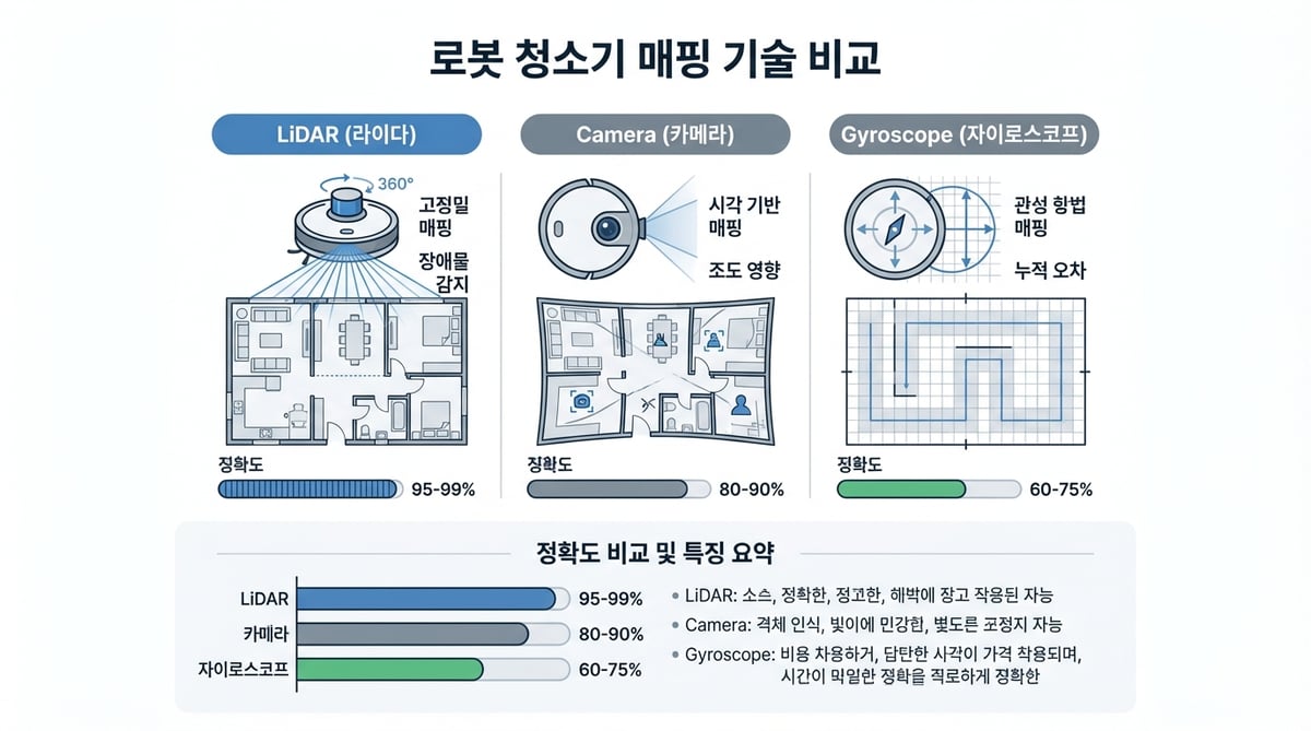 로봇청소기 매핑 기술 LiDAR vs 카메라 vs 자이로스코프 비교 인포그래픽. 각 기술이 방 평면도를 그리는 방식과 정확도를 시각화