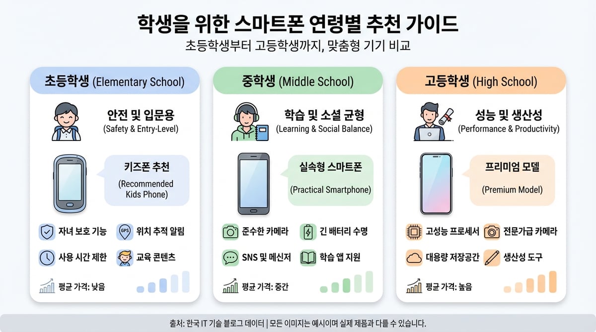 초등학생부터 고등학생까지 연령대별 추천 스마트폰을 비교하는 인포그래픽