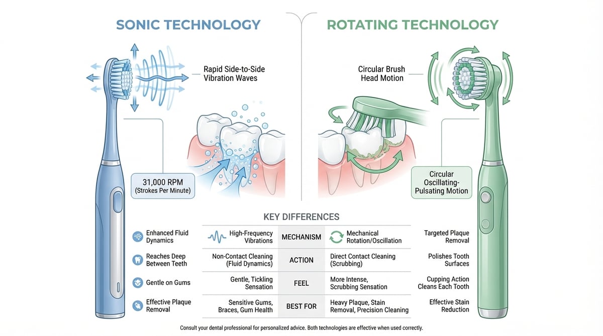 음파 전동칫솔과 회전 전동칫솔의 작동 원리를 비교하는 인포그래픽. 좌우 분할 다이어그램으로 진동 패턴과 세정 메커니즘을 보여줌