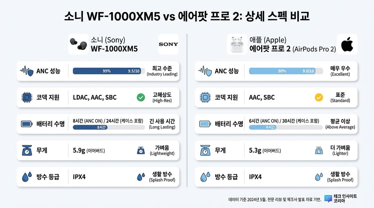 소니 WF-1000XM5와 에어팟 프로 2의 ANC 성능, 코덱, 배터리, 무게, 방수 등급을 나란히 비교한 인포그래픽