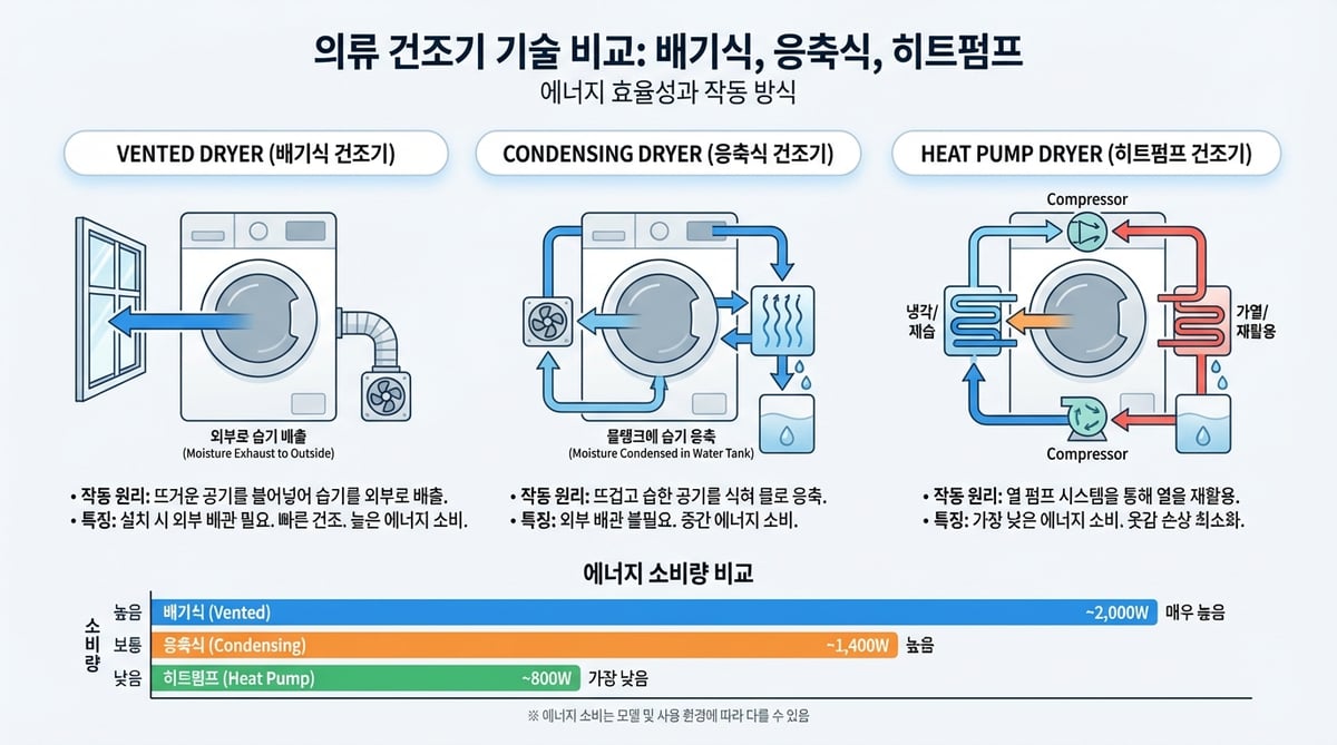 통풍식, 응축식, 히트펌프 건조기의 공기 흐름과 에너지 소비를 비교한 기술 인포그래픽