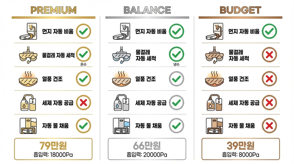 올인원 스테이션 기능 비교 인포그래픽 — 에코백스 T80 vs 드리미 L10s vs 에코백스 N20 먼지비움 걸레세척 온수건조 세제투입 자동급수 비교표