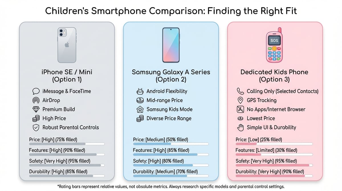 아이폰, 갤럭시, 키즈폰의 가격, 기능, 안전성, 내구성을 비교하는 인포그래픽