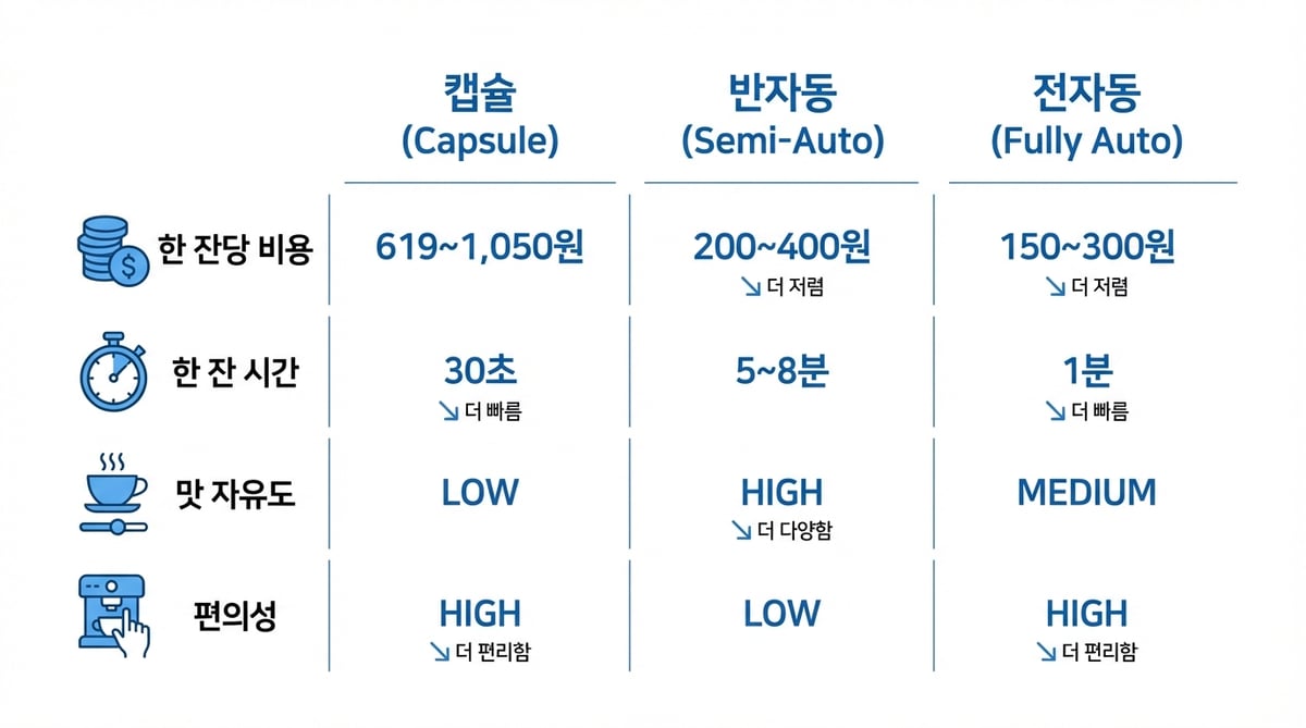커피머신 타입별 한 잔당 비용, 편의성, 맛 자유도를 비교한 인포그래픽