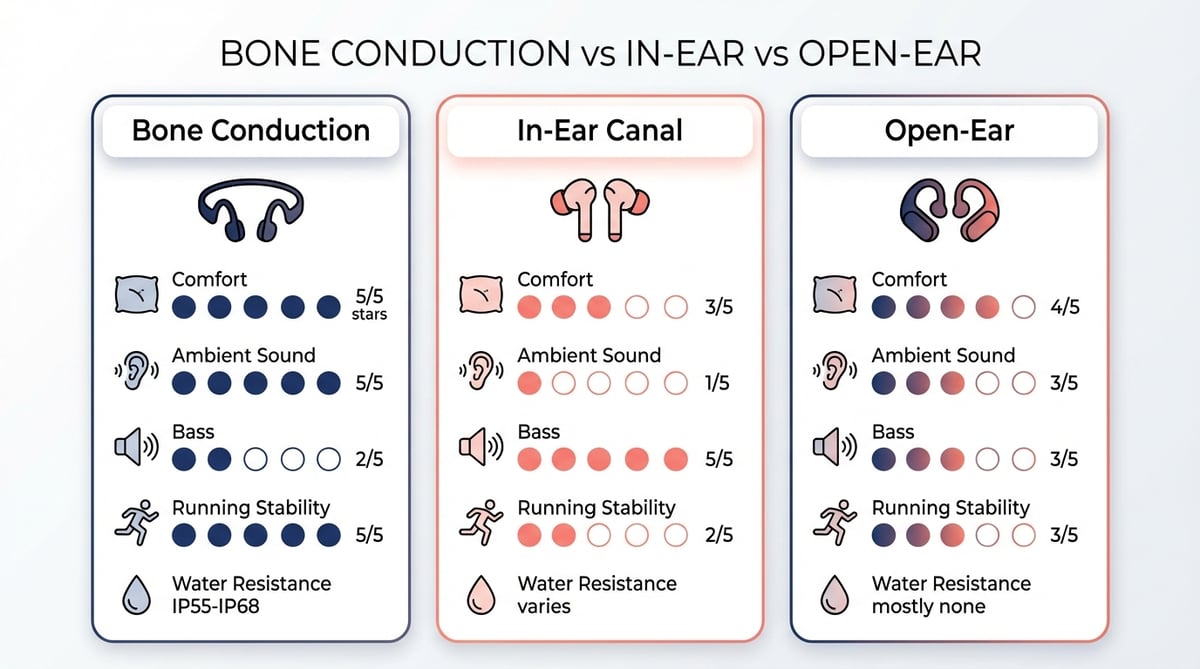 골전도 vs 커널형 vs 오픈형 이어폰 러닝 적합성 비교 인포그래픽