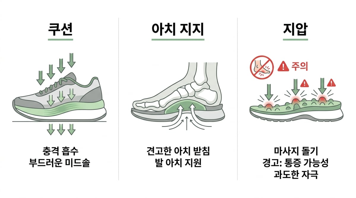 족저근막염 신발 세 종류 비교 인포그래픽 — 충격을 흡수하는 쿠션, 발 아치를 받치는 아치 지지, 돌기로 자극하는 지압의 구조 차이