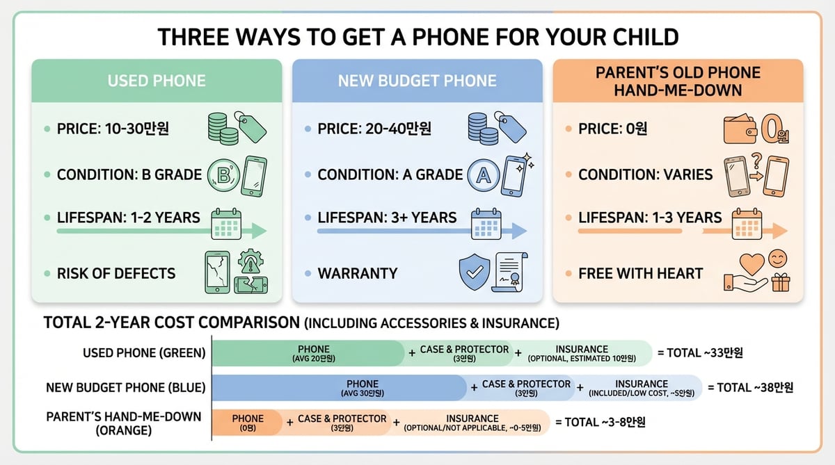 중고폰, 새 제품, 부모 폰 물려주기의 2년 총비용을 비교하는 인포그래픽