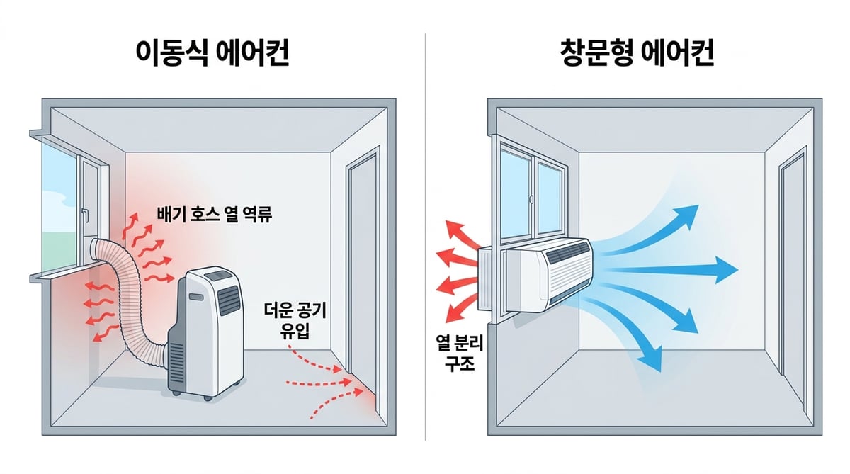 이동식 에어컨과 창문형 에어컨 냉방 구조 비교 인포그래픽. 이동식은 배기 호스 열 역류와 음압으로 더운 공기가 유입되고, 창문형은 냉방부와 응축부가 창을 경계로 나뉘는 열 분리 구조