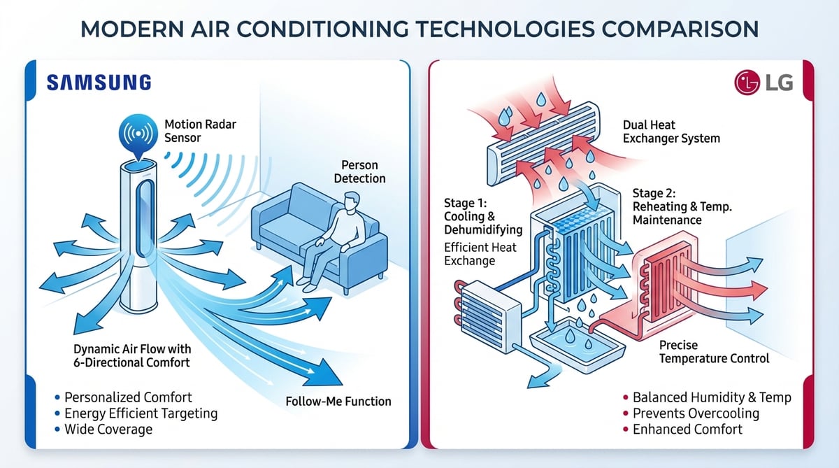 삼성 AI모션바람 6가지 기류 패턴과 LG AI콜드프리 2단 열교환기 구조를 비교한 인포그래픽