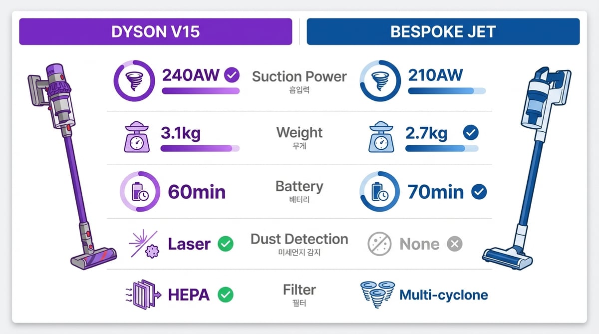 다이슨 V15과 삼성 비스포크 제트의 흡입력, 무게, 배터리, 먼지감지, 필터 성능을 비교하는 인포그래픽