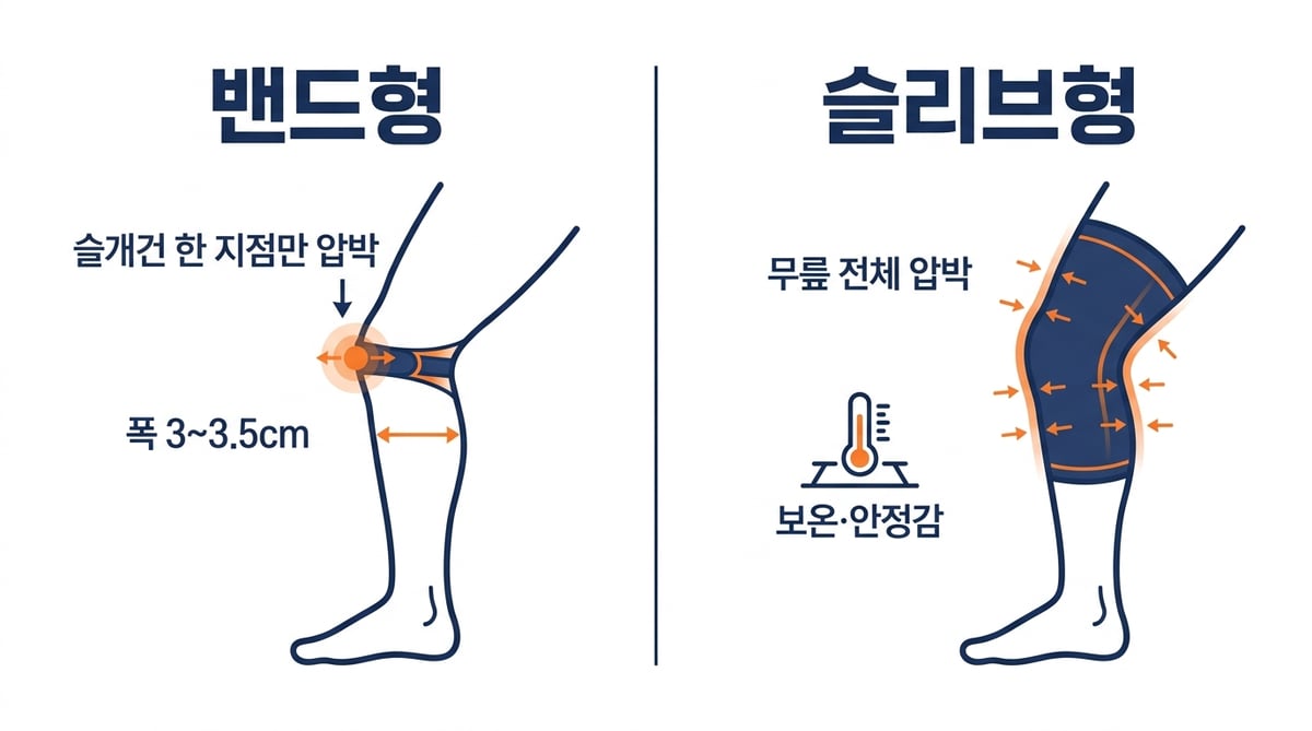 무릎보호대 밴드형과 슬리브형 압박 위치 비교 인포그래픽, 밴드형은 슬개건 한 지점만 압박하고 폭 3~3.5cm, 슬리브형은 무릎 전체를 압박하며 보온과 안정감을 준다