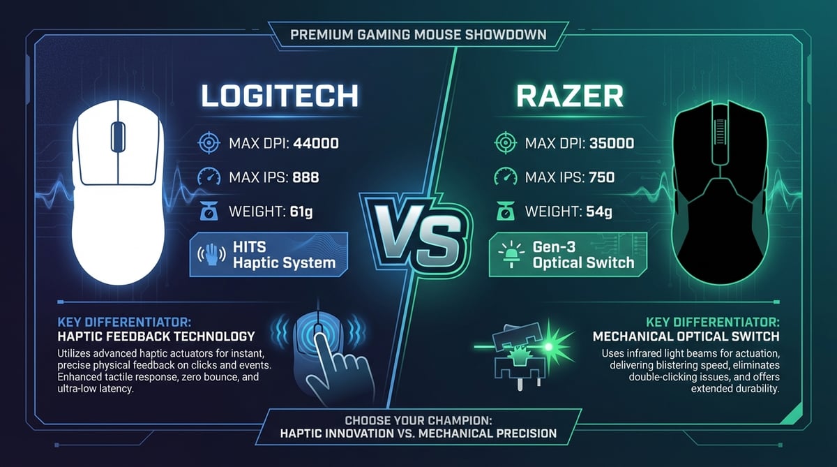 로지텍 SUPERSTRIKE와 레이저 Viper V3 Pro의 DPI, IPS, 무게, 스위치 방식 등 핵심 스펙을 나란히 비교한 인포그래픽