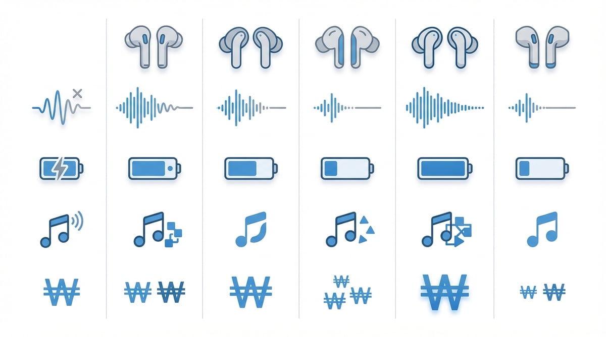 무선 이어폰 5종의 ANC 성능, 배터리, 코덱 지원을 비교한 인포그래픽