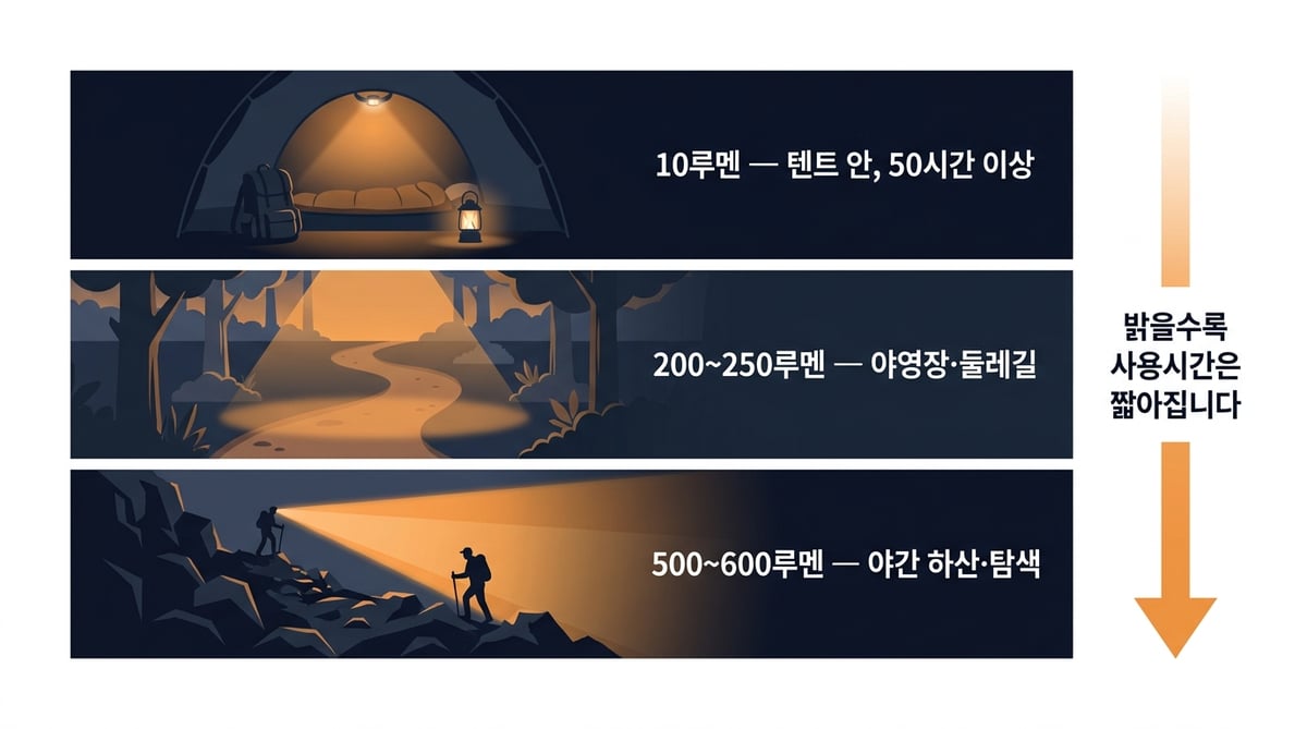 헤드랜턴 루멘별 사용 상황 인포그래픽. 10루멘은 텐트 안에서 50시간 이상, 200~250루멘은 야영장과 둘레길, 500~600루멘은 야간 하산과 탐색, 밝을수록 사용시간은 짧아진다