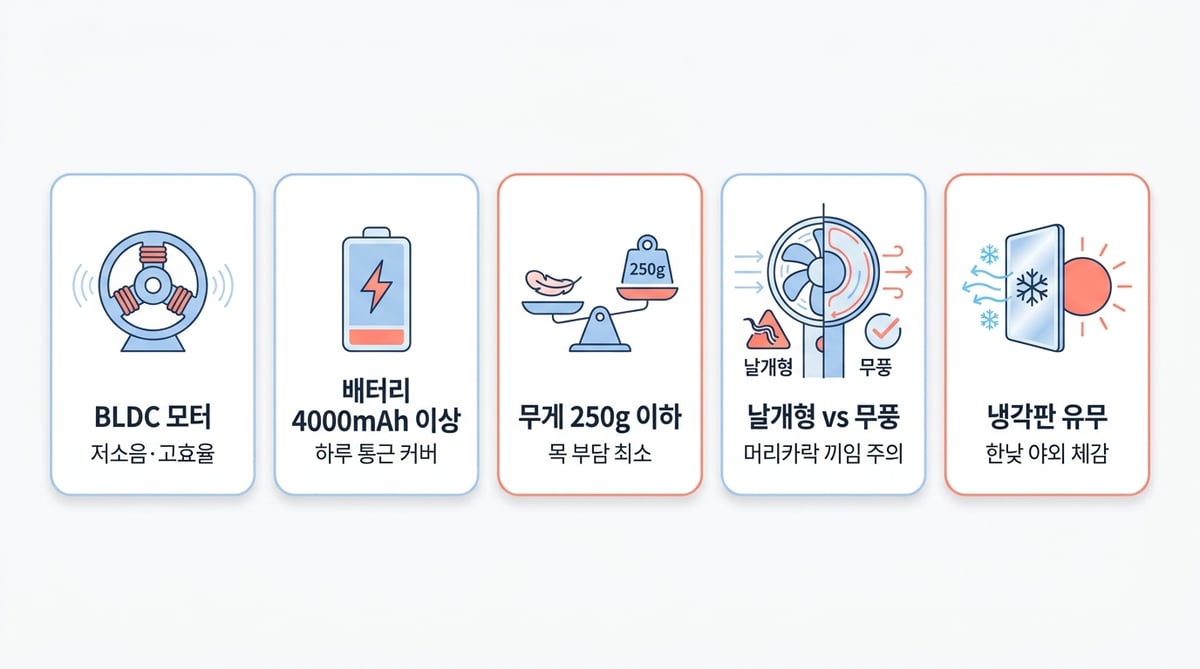 넥풍기 선택 기준 5가지 인포그래픽: BLDC 모터(저소음·고효율), 배터리 4000mAh 이상, 무게 250g 이하, 날개형 vs 무풍(머리카락 끼임 주의), 냉각판 유무(한낮 야외 체감)
