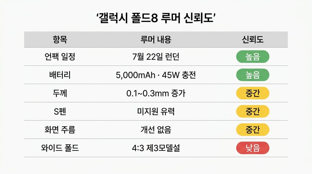 갤럭시 폴드8 루머 신뢰도 정리표 — 언팩 일정 7월 22일 런던 높음, 배터리 5,000mAh 45W 충전 높음, 두께 0.1~0.3mm 증가 중간, S펜 미지원 유력 중간, 화면 주름 개선 없음 중간, 와이드 폴드 4:3 제3모델설 낮음