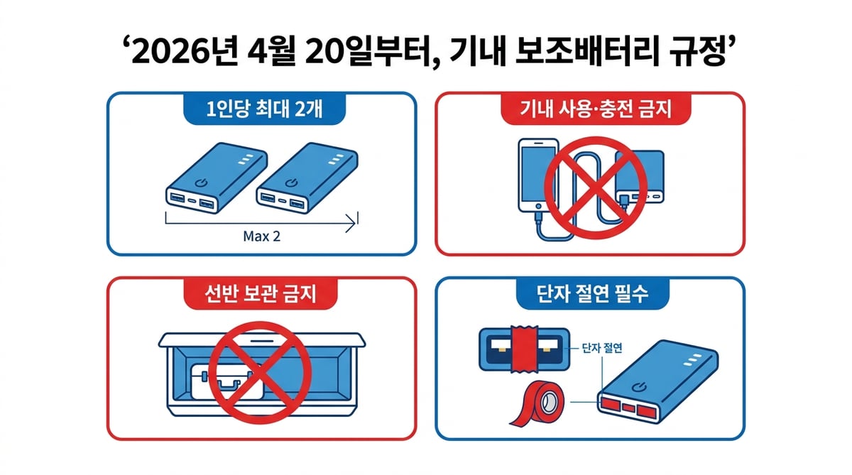 2026년 4월 20일부터 적용되는 기내 보조배터리 규정 4가지 — 1인당 최대 2개, 기내 사용·충전 금지, 선반 보관 금지, 단자 절연 필수