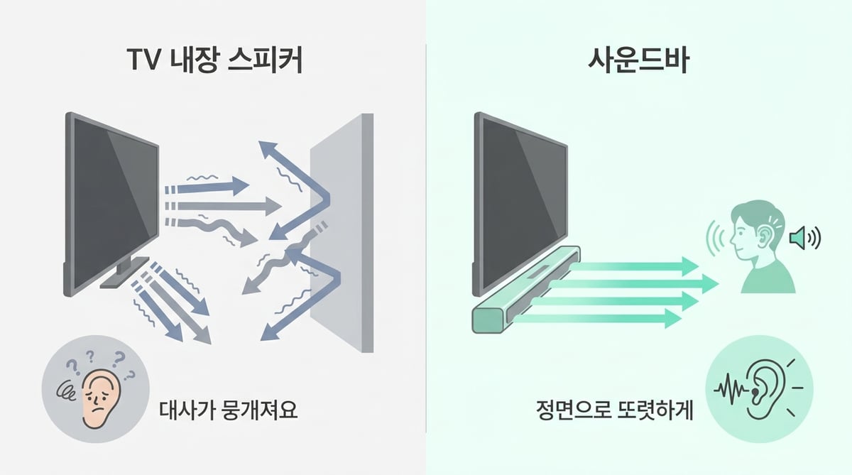 TV 내장 스피커와 사운드바 비교 인포그래픽 — 내장 스피커는 소리가 뒤로 나가 대사가 뭉개지고, 사운드바는 정면으로 쏘아 또렷하게 들림