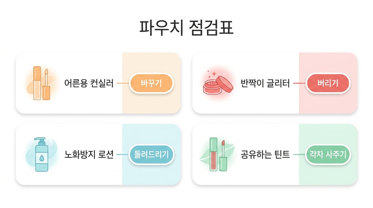 초등학생 파우치 점검표 인포그래픽 — 어른용 컨실러는 바꾸기, 반짝이 글리터는 버리기, 노화방지 로션은 돌려드리기, 공유하는 틴트는 각자 사주기