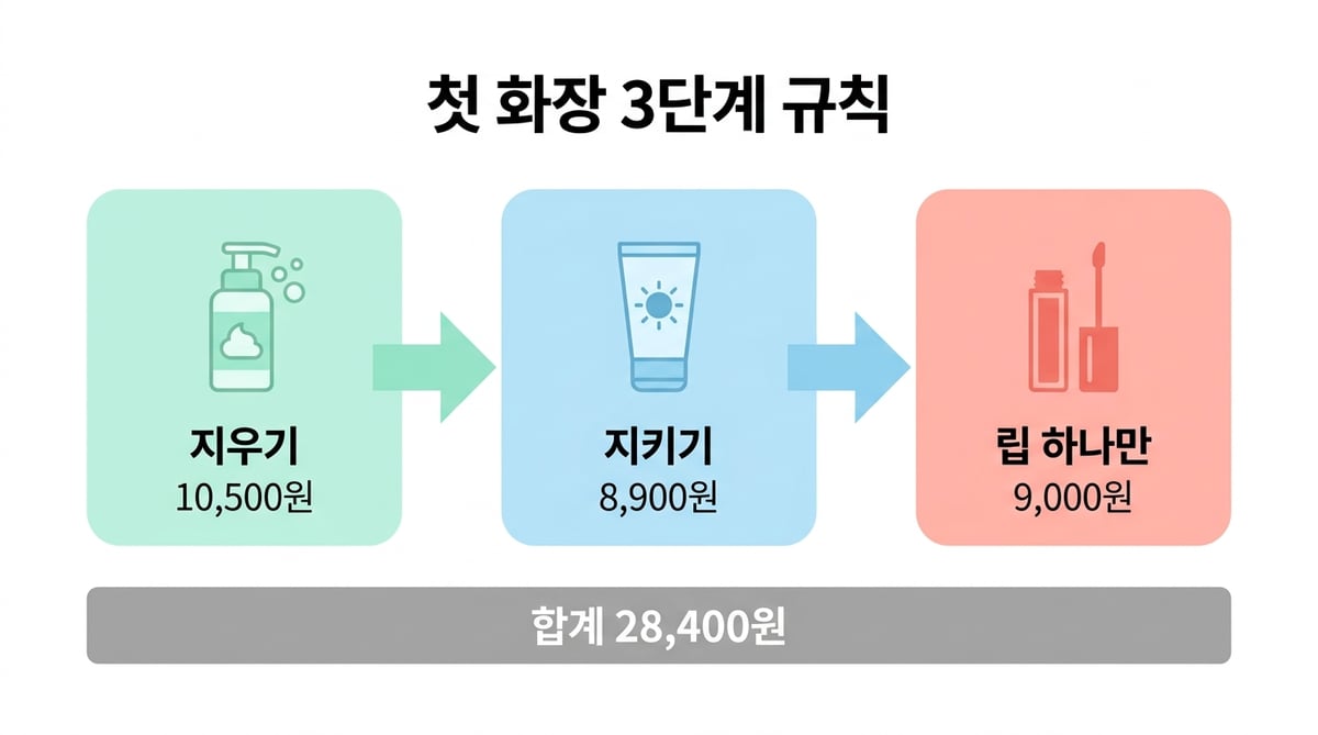 초등학생 첫 화장 3단계 규칙 인포그래픽 — 지우기 클렌저 10,500원, 지키기 선크림 8,900원, 립 하나만 틴트 9,000원, 합계 28,400원