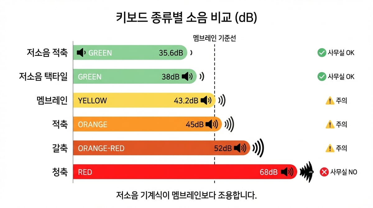 키보드 종류별 소음 데시벨 비교 인포그래픽 — 청축 68dB, 갈축 52dB, 적축 45dB, 저소음축 35.6dB, 멤브레인 43.2dB