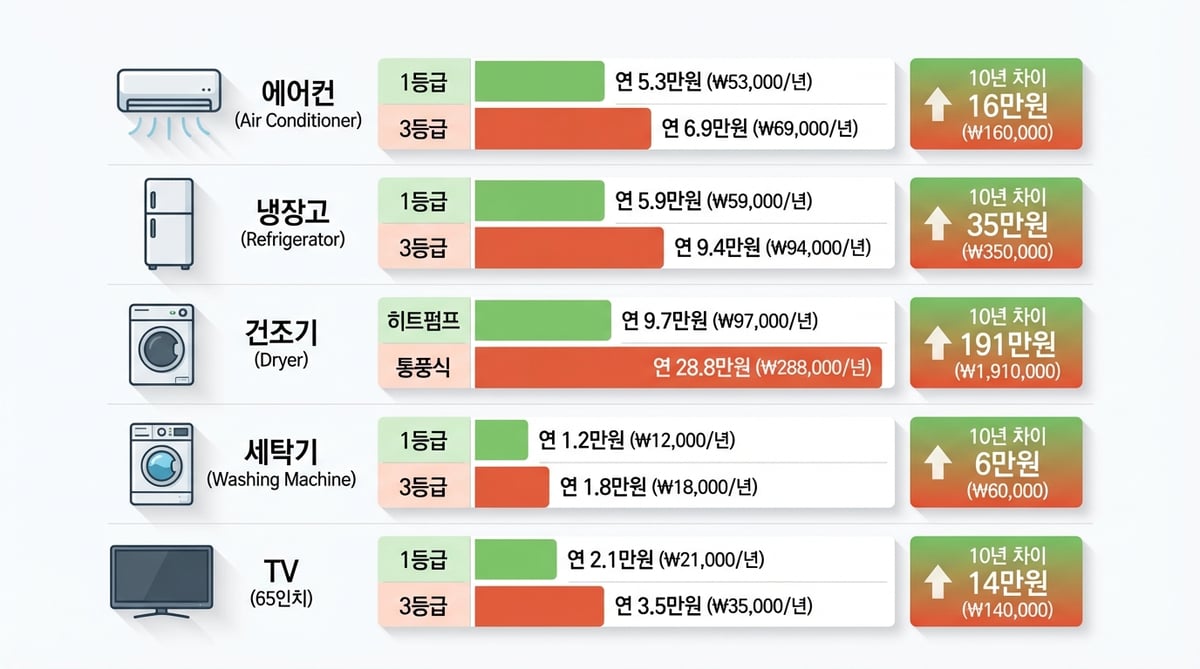 5대 가전제품의 에너지효율 1등급과 3등급 간 10년 전기요금 차이를 비교한 인포그래픽, 건조기 191만 원, 냉장고 35만 원, 에어컨 16만 원 등 막대 차트