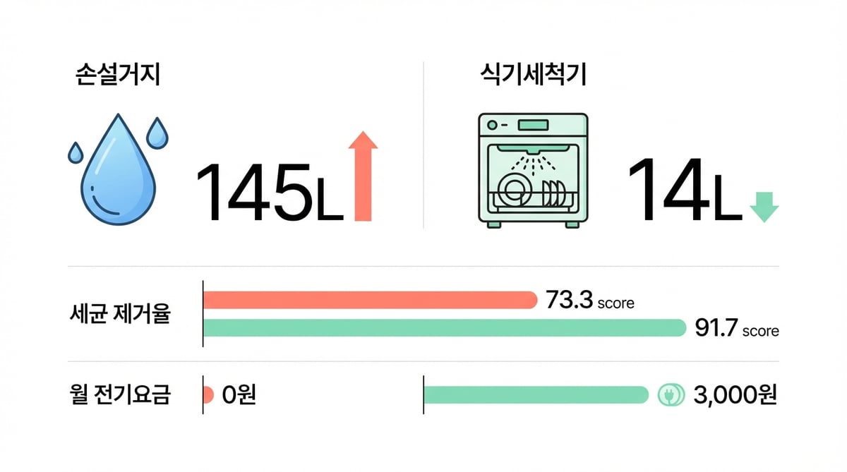 손설거지와 식기세척기의 물 사용량, 세척력 점수, 월 전기요금을 비교한 인포그래픽
