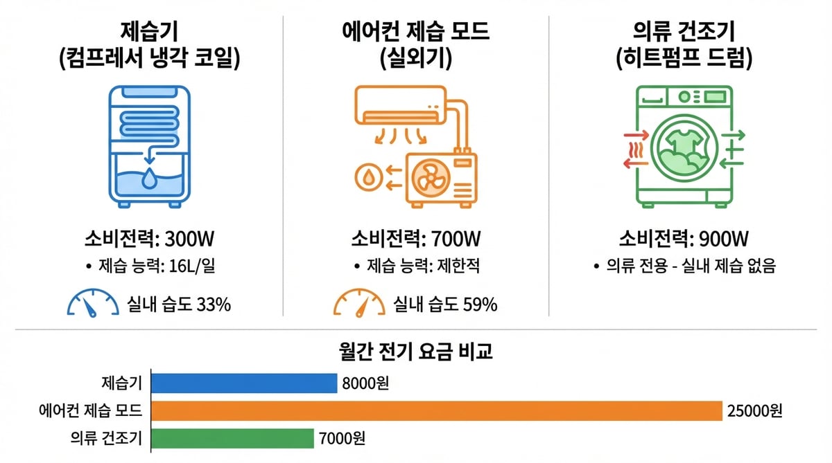 제습기, 에어컨 제습모드, 빨래건조기의 작동 원리와 소비전력을 비교한 인포그래픽