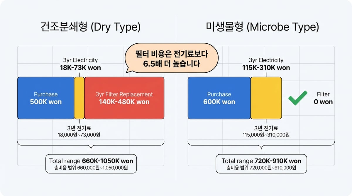 음식물 처리기 건조형 vs 미생물형 3년 총비용 비교 인포그래픽 — 필터비가 전기세의 6.5배